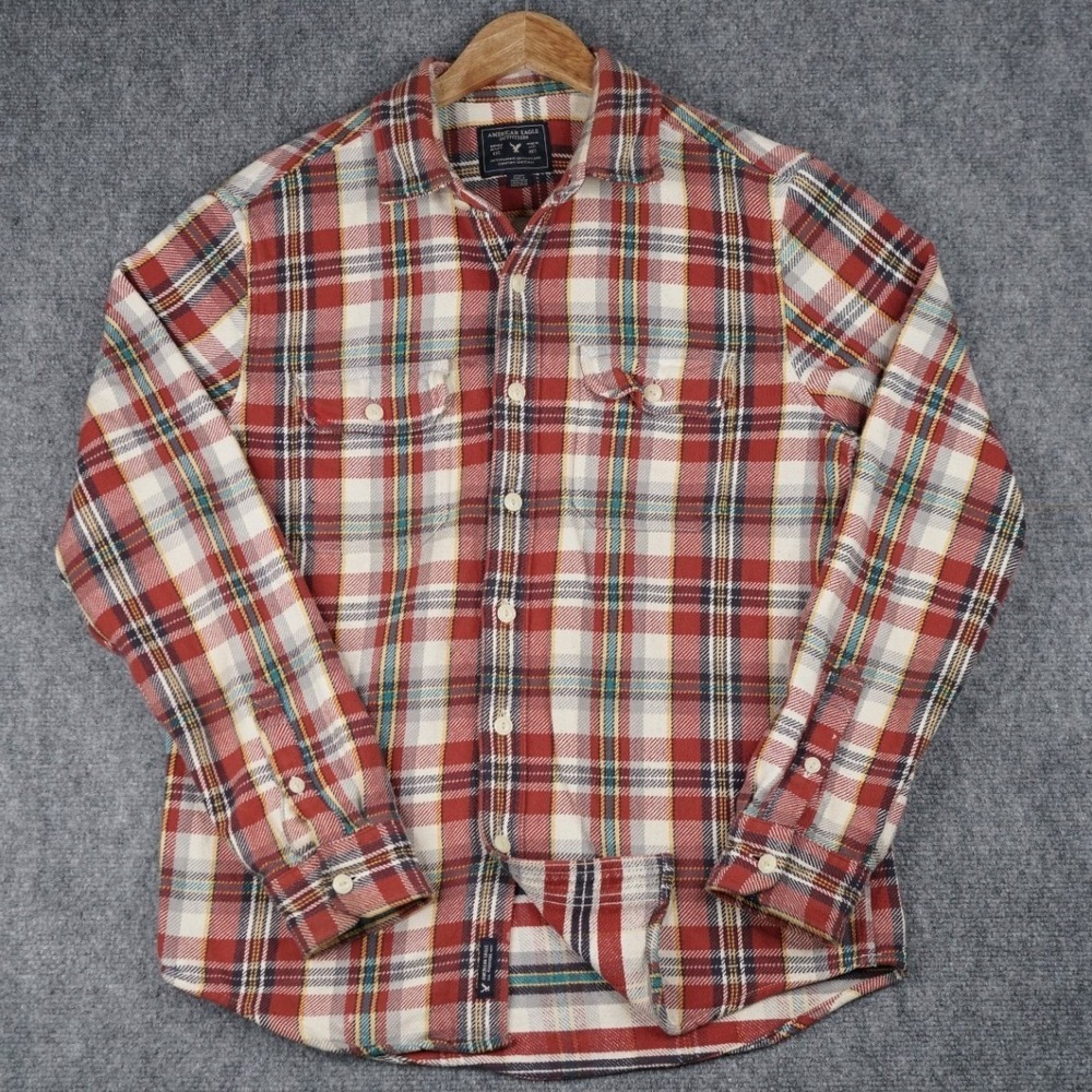 American Eagle Button Down Shirt Mens M Red Plaid Flannel Long Sleeve Pockets
